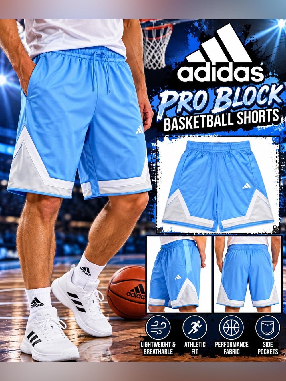 adidas Men’s Sky Blue Athletic Basketball Shorts with White Trim